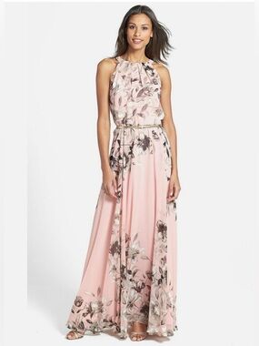 Eliza J Belted Floral Chiffon Pink Grey Maxi Dress size 14